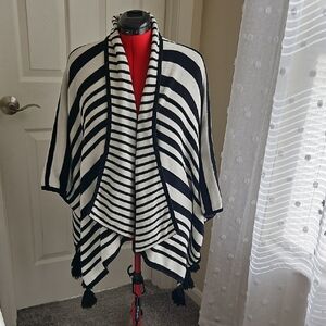 Chicos Black and White Striped Poncho with Tassels